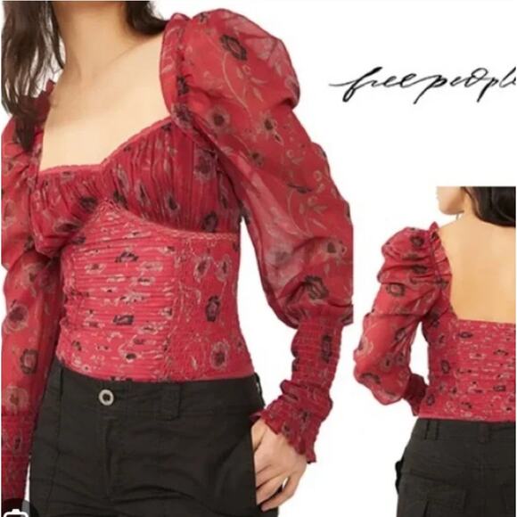 Free People S red floral smocked balloon sleeve Bodysuit - Picture 7 of 7